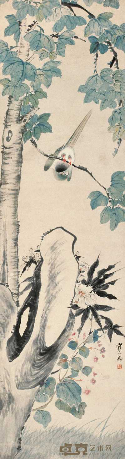 江寒汀 桐树鹦鹉 立轴 140×39cm